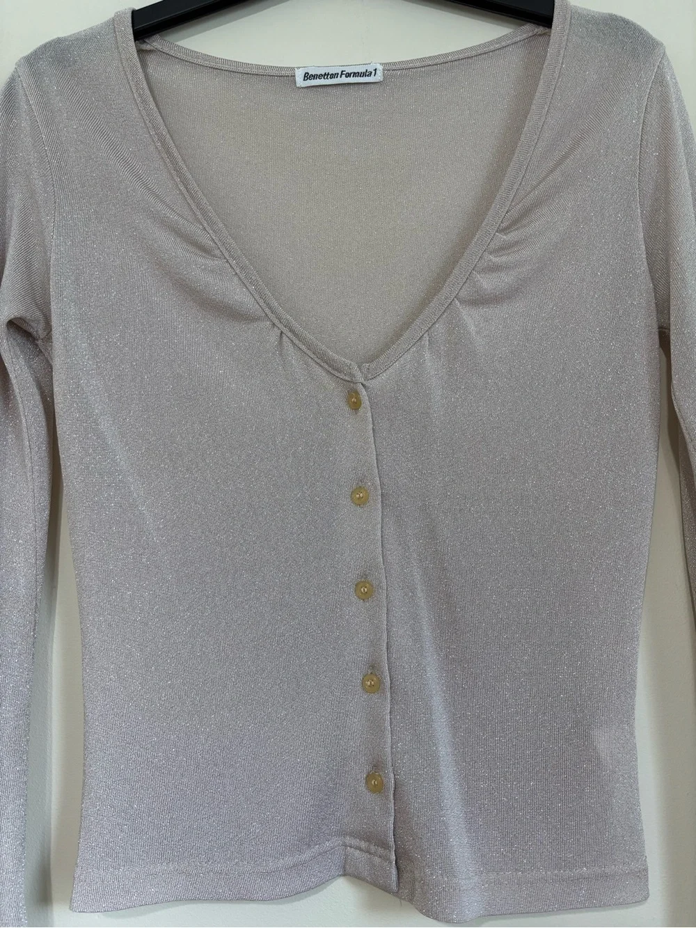 Vintage Benetton Formula 1 Metallic button up long sleeve sheer crop cardigan XS